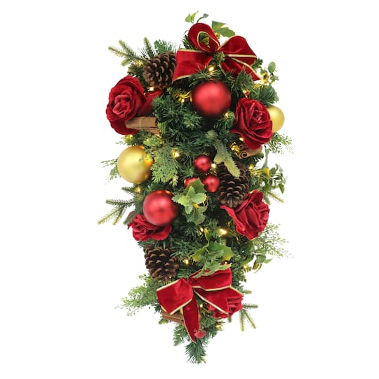 28" Pre-Lit Red & Gold Adorned Artificial Swag